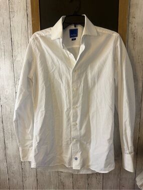 David Donahue Dress Shirt Mens 16.5 34/35 White Micro Dobby Trim Fit Cotton